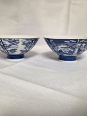 2 Vintage Japanese Blue & White Porcelain Footed Rice Bowls